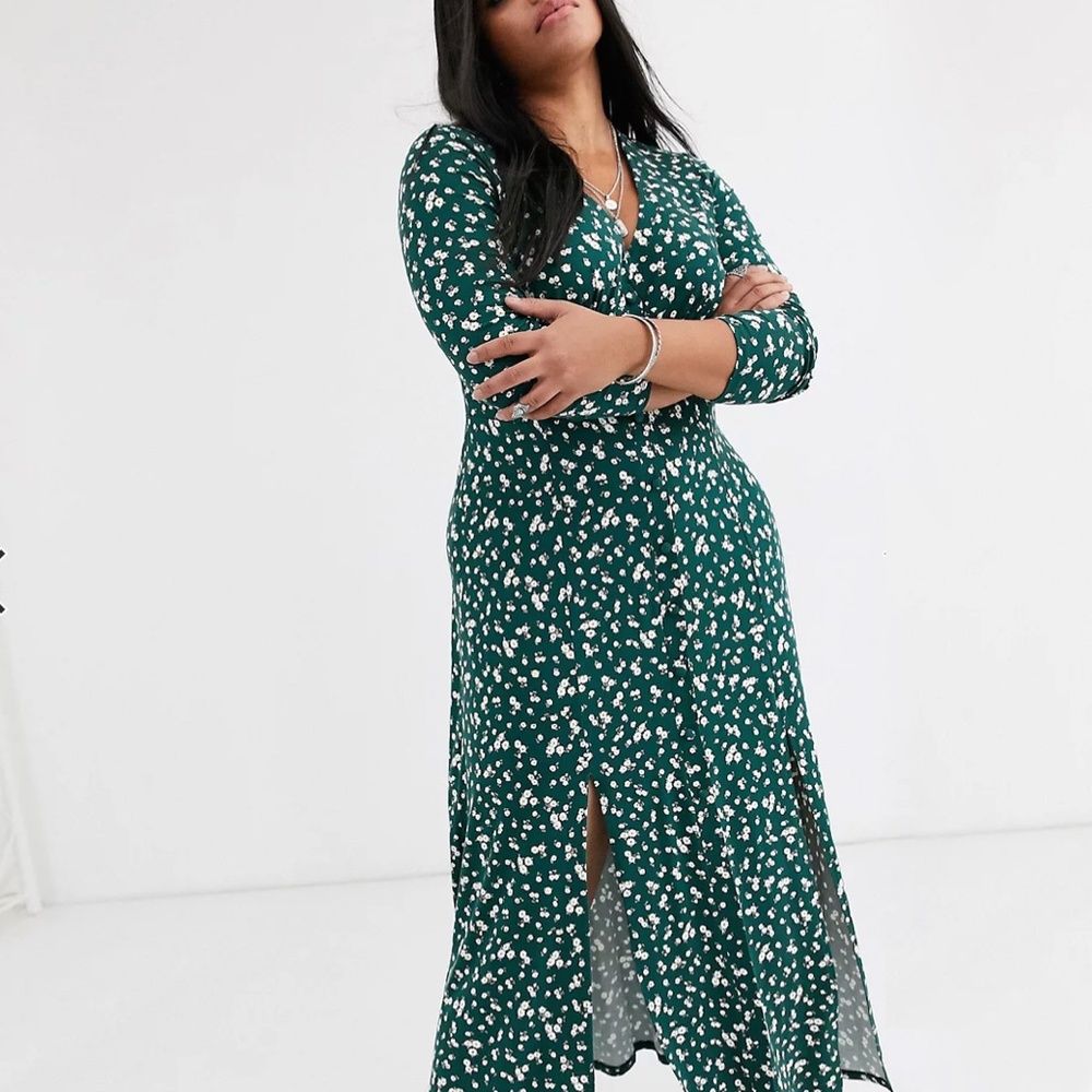 NWT - Long Sleeve Button Maxi Tea Dress Green Ditsy Print - ASOS Design - sz 22
